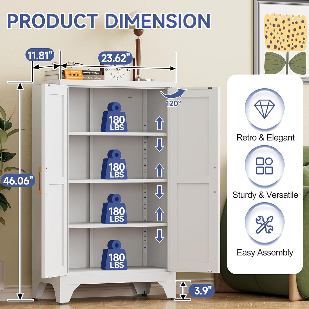 46.06" White Metal Storage Cabinet, 2 Door Adjustable Shelves Freestanding Pantry Cabinet (White, 11.81" D x 23.62" W x 46.06" H)