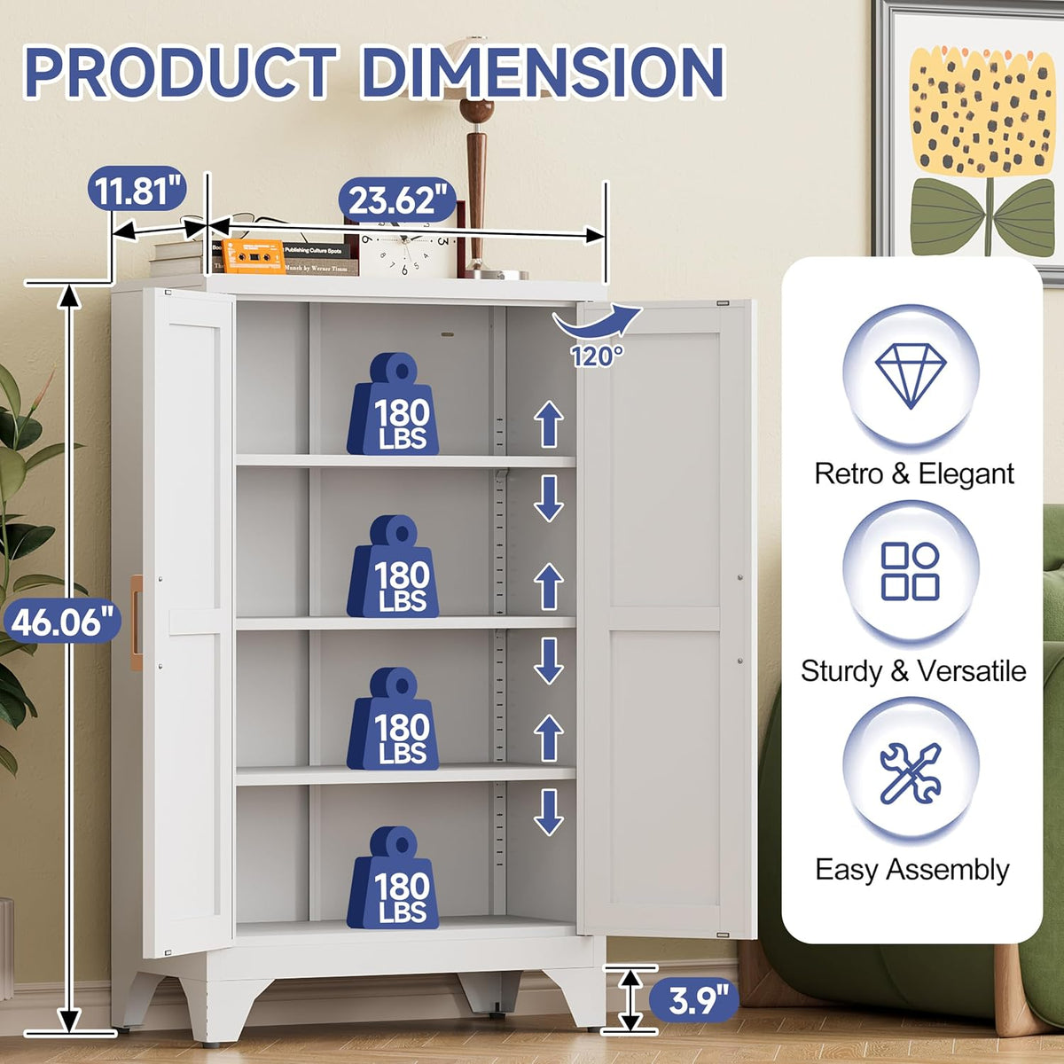 46.06" White Metal Storage Cabinet, 2 Door Adjustable Shelves Freestanding Pantry Cabinet (White, 11.81" D x 23.62" W x 46.06" H)