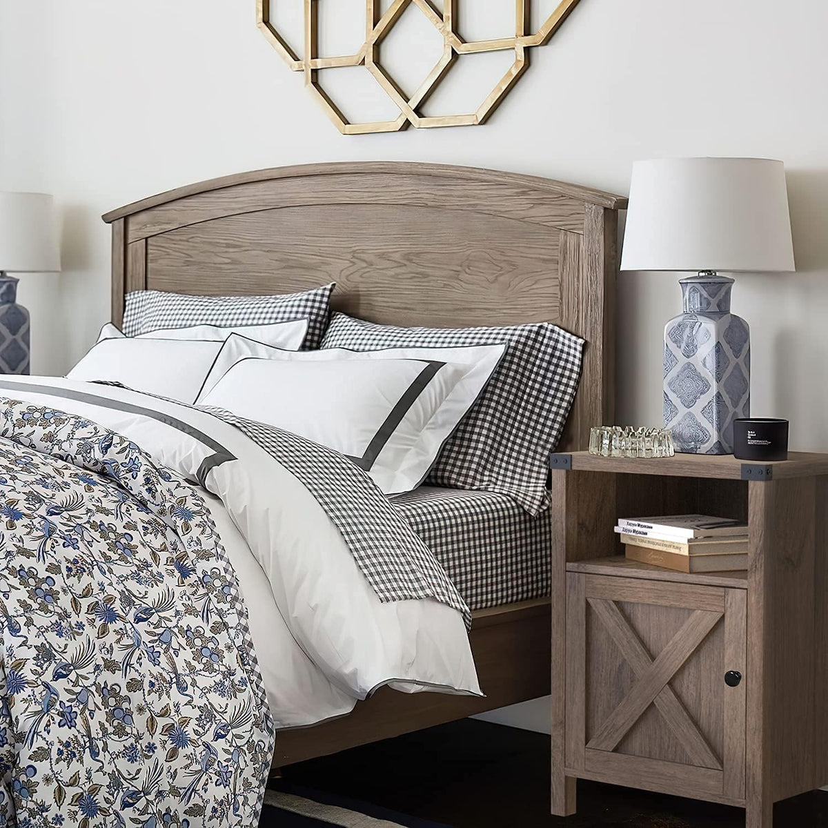 Farmhouse End Table, Nightstand with Barn Door and Shelf,Grey Wash | End Tables,Wooden Sofa Side Table, Modern Bed Side Table Rustic Nightstands, Bedroom, Living Room