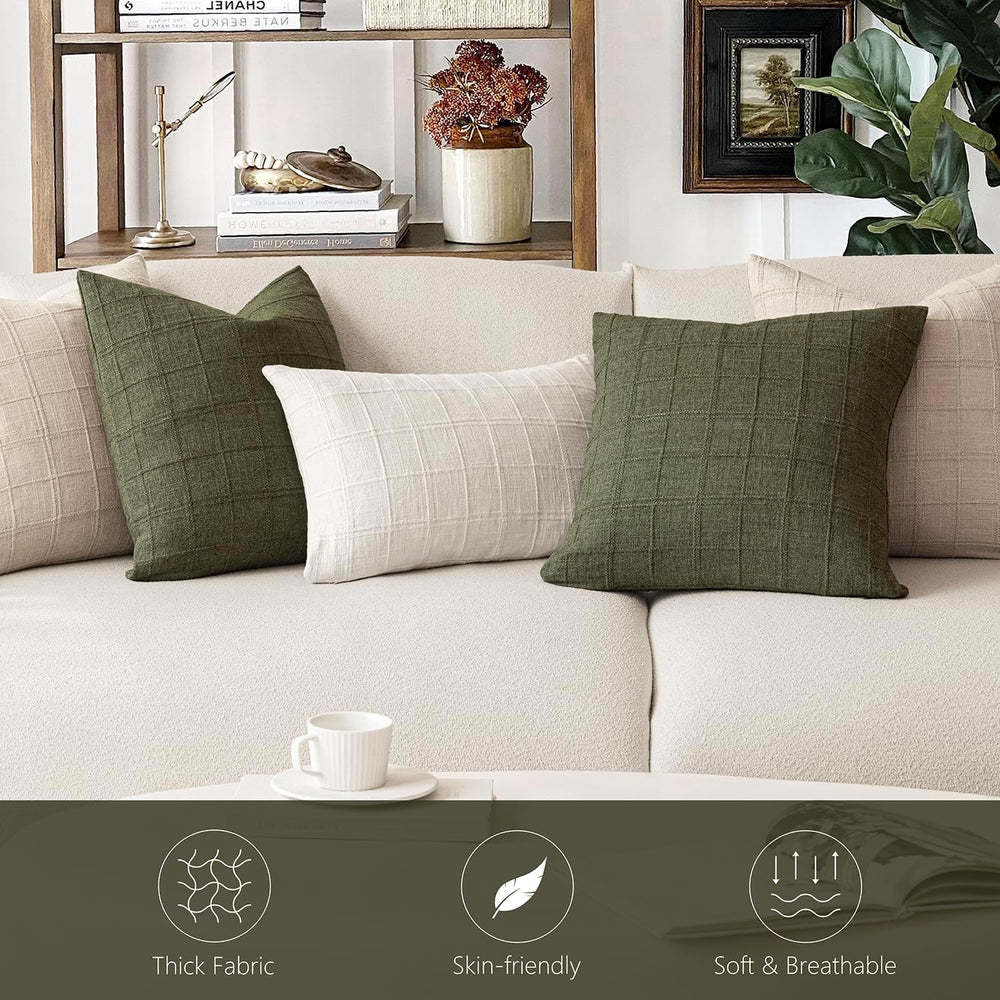 Foindtower Boho Linen Check Decorative Throw Pillow Cover 24×24 Olive Green