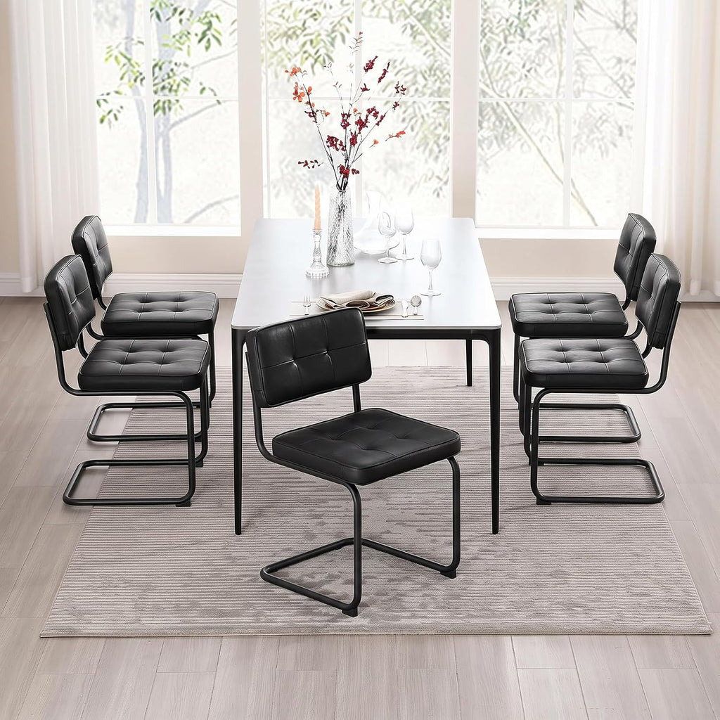 Zesthouse Industrial Metal Dining Chairs Set of 4, Upholstered Faux Leather Kitchen Chairs with Black Metal Base, for Kitchen & Dining Room Living Room, Mid Century Breuer Design Inspired, Black