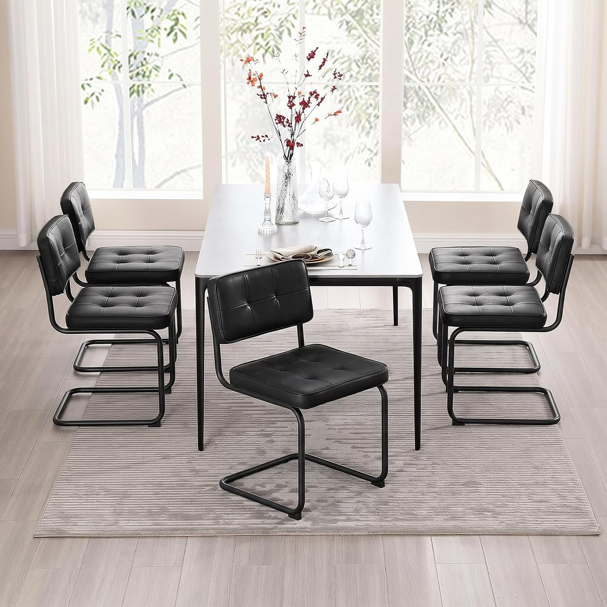 Zesthouse Industrial Metal Dining Chairs Set of 4, Upholstered Faux Leather Kitchen Chairs with Black Metal Base, for Kitchen & Dining Room Living Room, Mid Century Breuer Design Inspired, Black