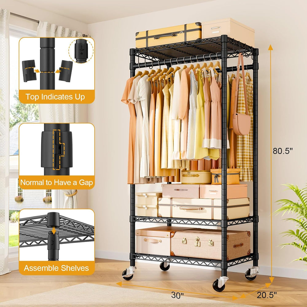 ULIFHOME Clothes Rack, Rolling Clothing Racks for Hanging Clothes, Black