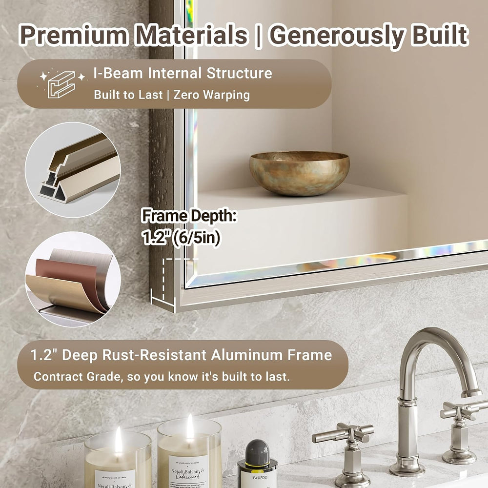 Brushed Nickel Bathroom Mirror, 24x32 Inch Beveled Framed Bathroom Mirror Ant...