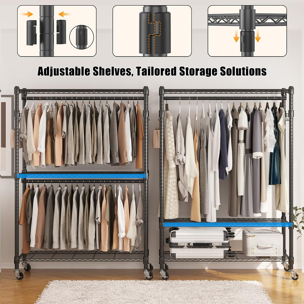 BATHWA Heavy Duty Rolling Clothes Rack with Wheels, 640 lb Hanger Rack & ...