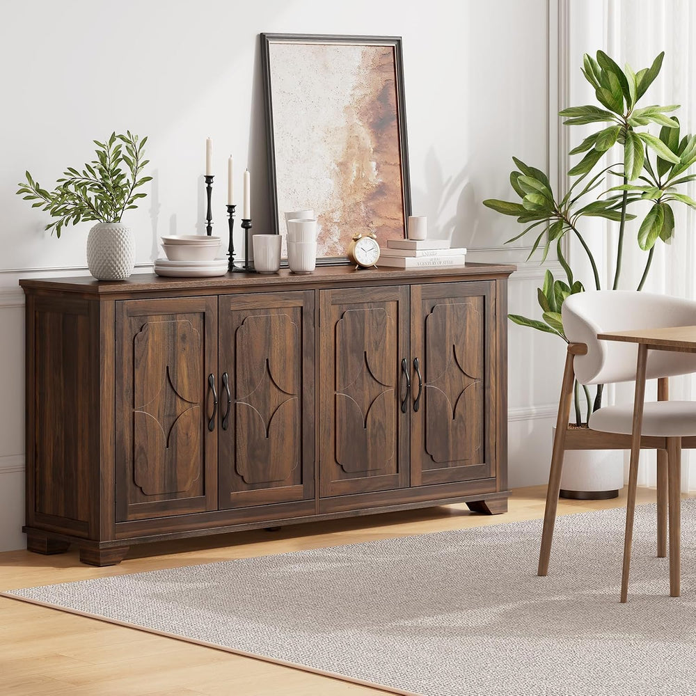 ONBRILL 63 Inch Buffet Cabinet with Storage, 4 Carved Doors, Brown