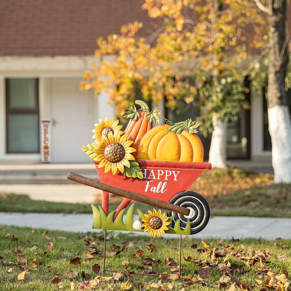 Glitzhome 30" H Fall Metal Wheel Barrow Pumpkin Yard Stake/Hanging Wall ...