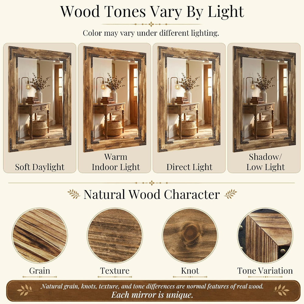 Rustic Brown 24x36 Inch Wood Bathroom Vanity Mirror, Rivets