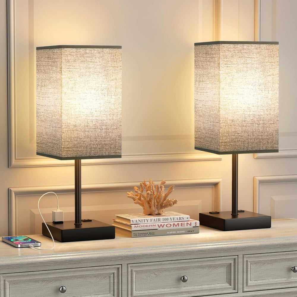 17.4" Set of 2 Table Lamp for Bedroom - Dimmable, USB C+A, 2 AC Outlets