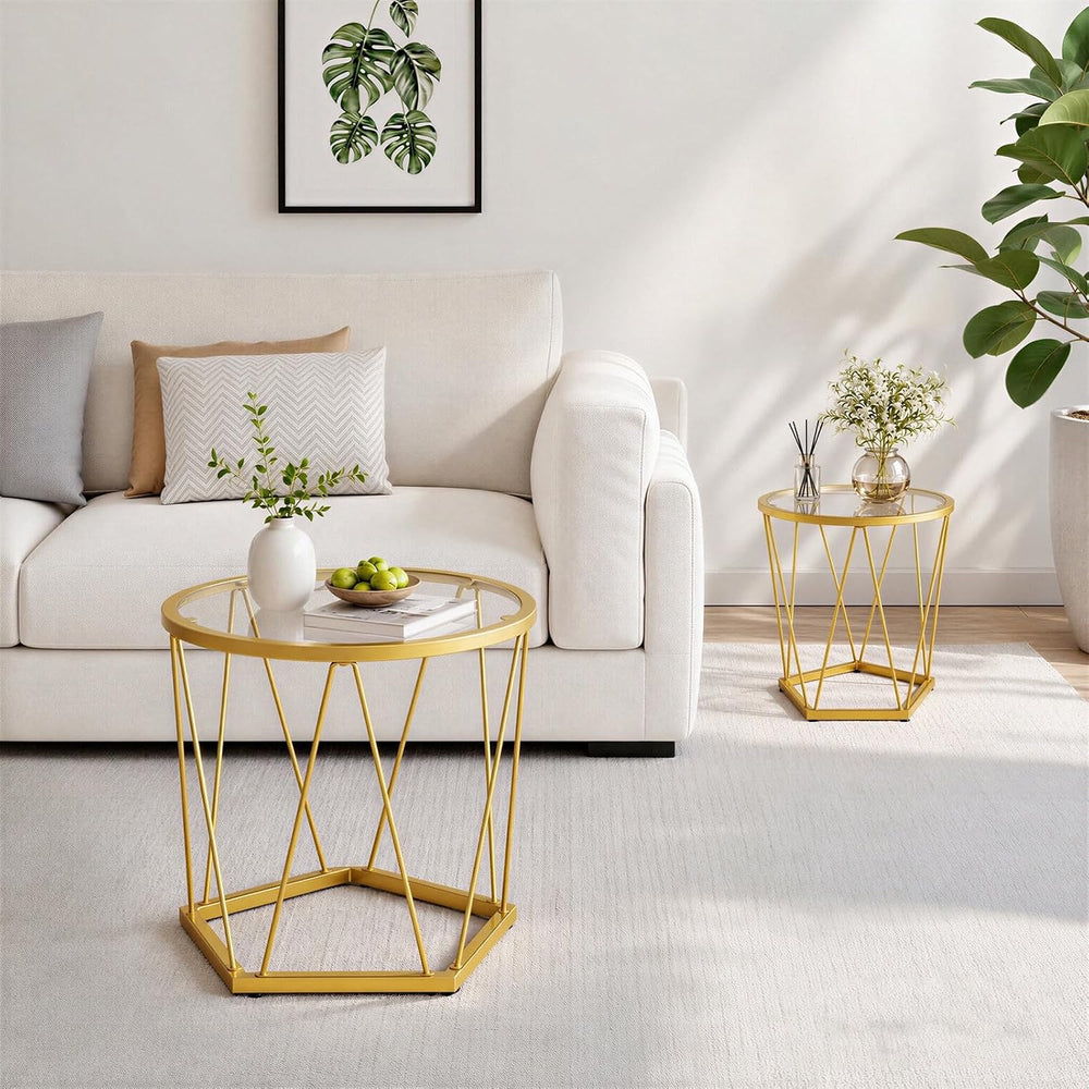 HOOBRO Small Round Coffee Table Set of 2, Modern Gold Side Tables