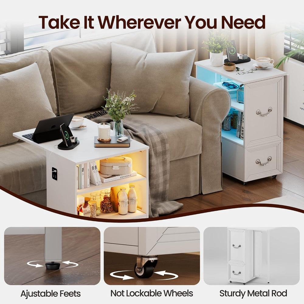 Dystler Rolling Side Table on Wheels, with Drawers & LED Lights Charging