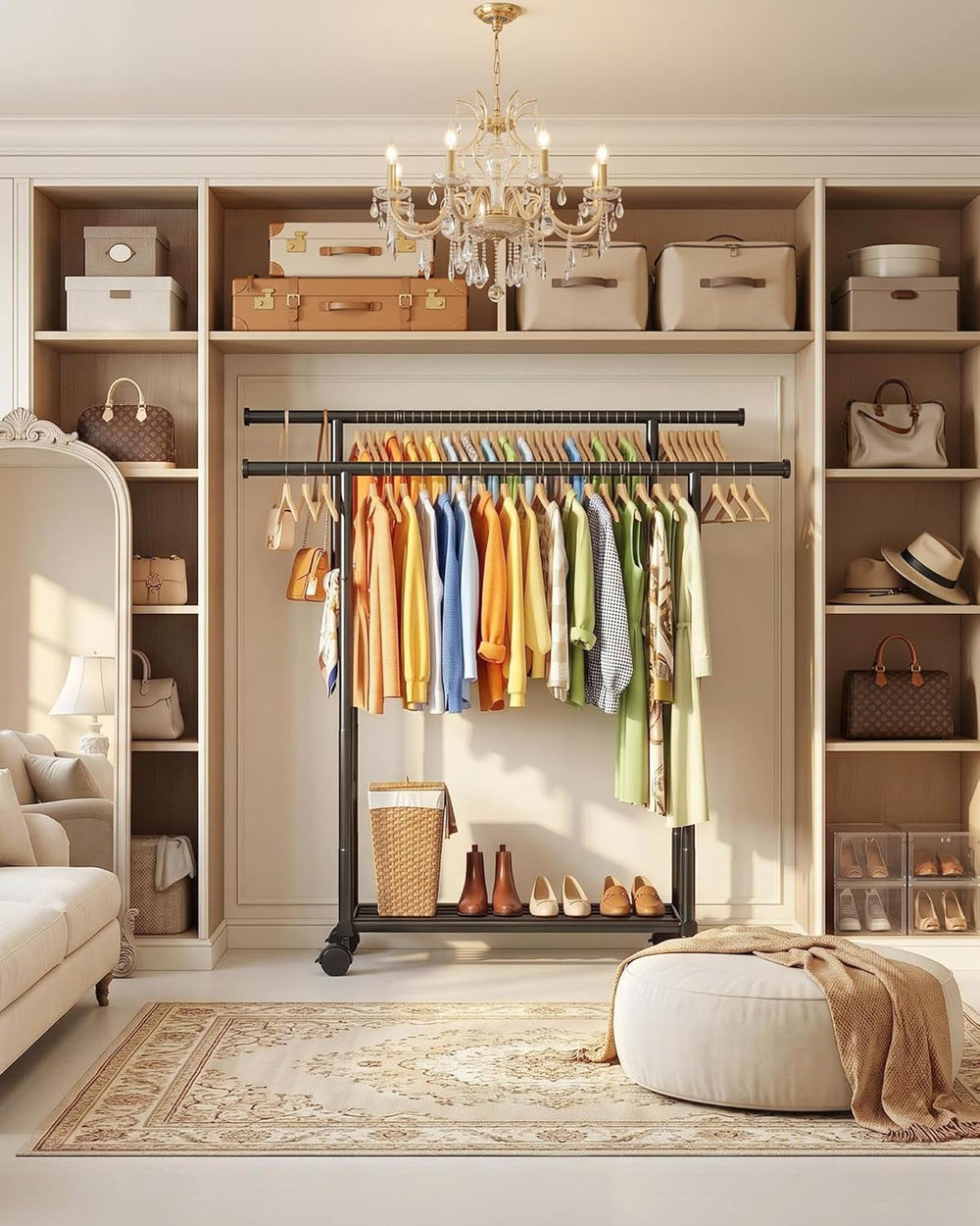 Sakugi Rolling Double Rod Clothes Rack with Shelf, 39" x 17" x 60&q...