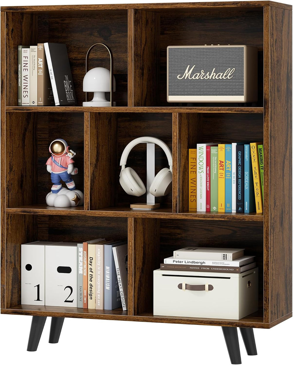 Vongrasig 7 Cube Bookshelf, 3 Tier Mid-Century Modern Bookcase with Legs, Woo...
