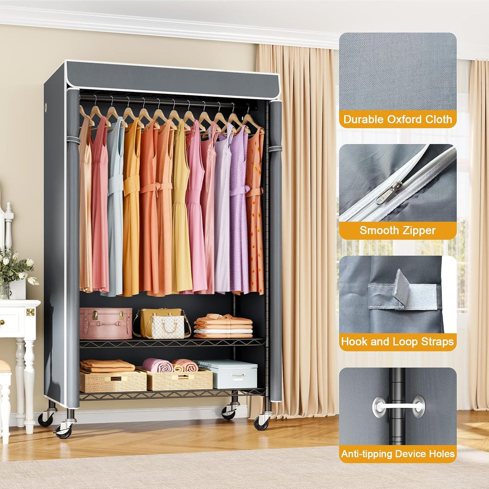 ULIFHOME P6C Rolling Clothes Rack with Cover, 3-Tier Covered Clothing Rack