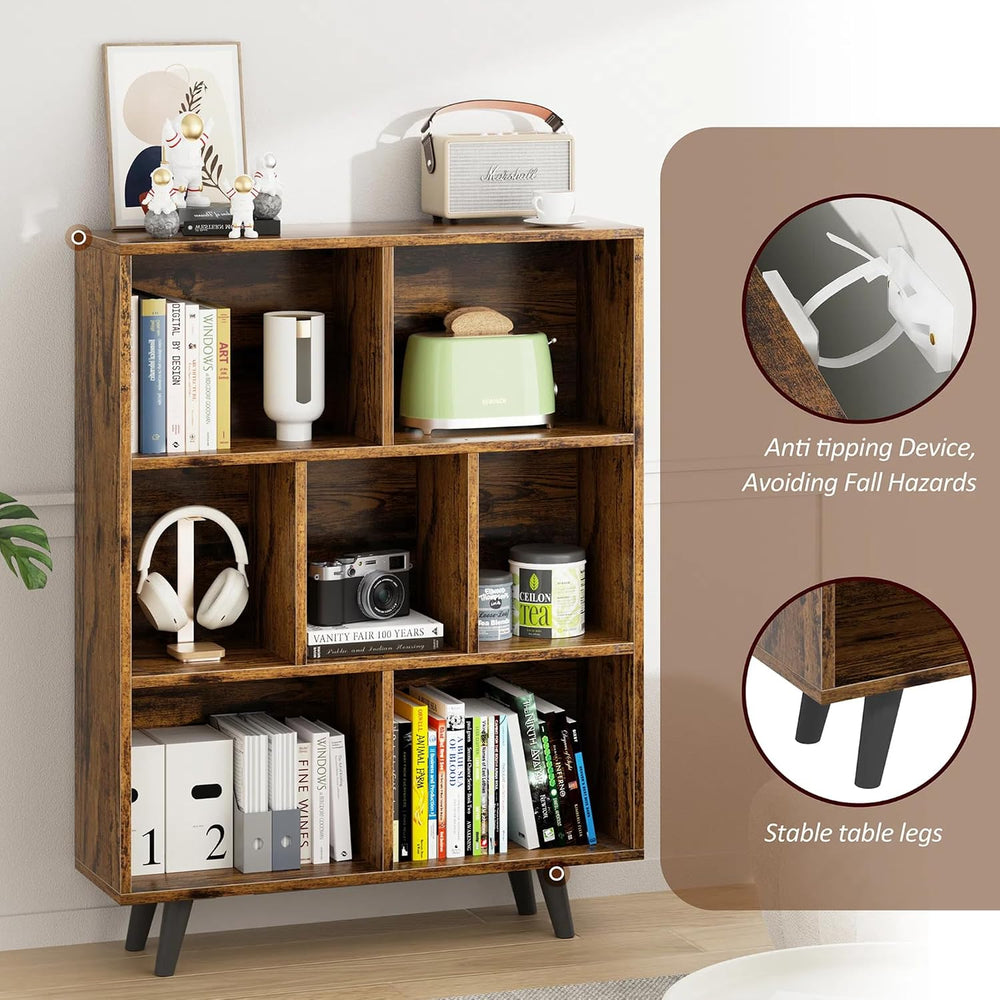 Vongrasig 7 Cube Bookshelf, 3 Tier Mid-Century Modern Bookcase with Legs, Woo...