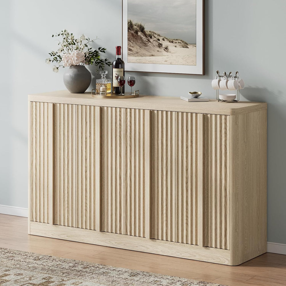 60" Fluted Sideboard Buffet Cabinet with Solid Wood Handles, Natural(1PC)