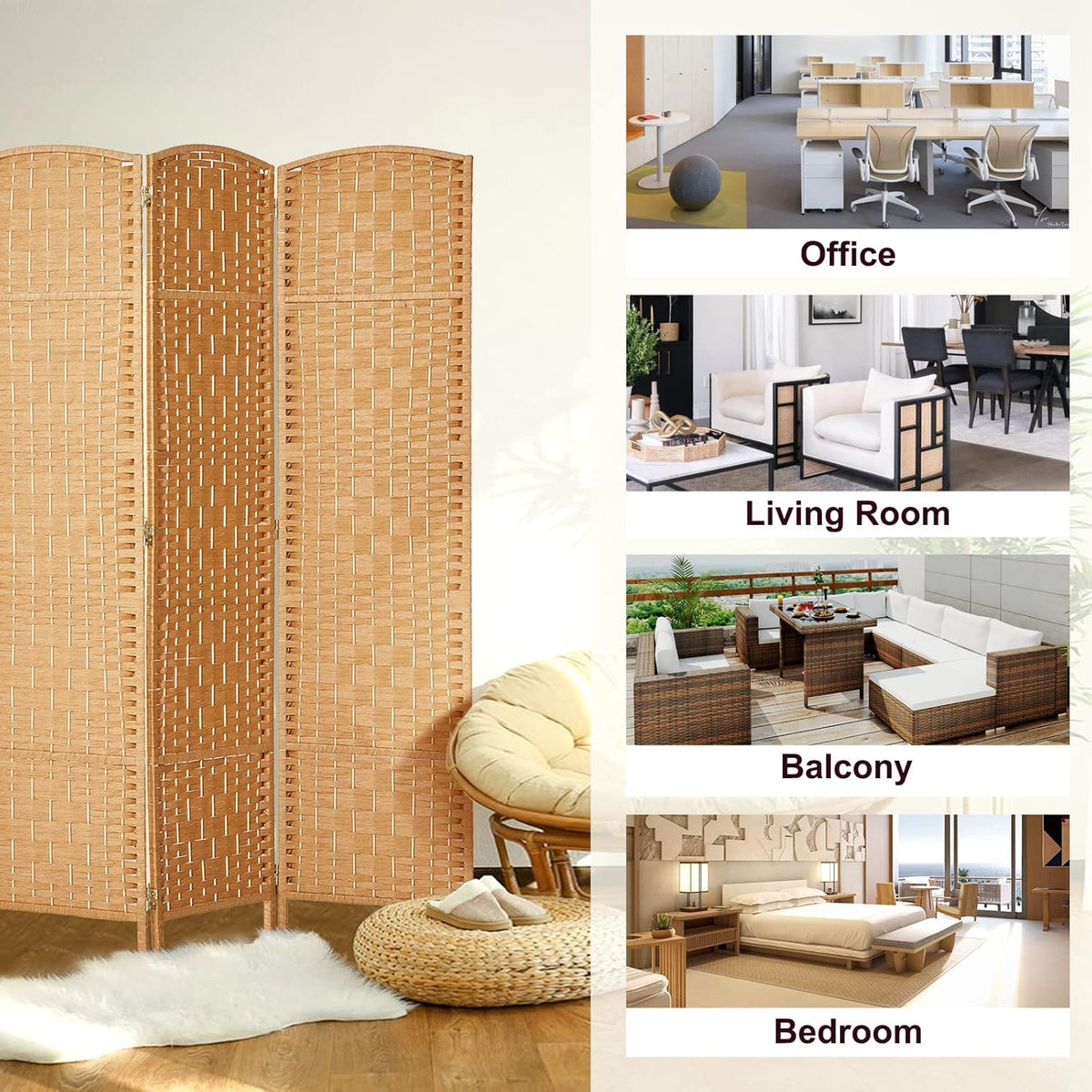 RHF Room Divider Panel,3 Panel Partition Room Dividers Screen, Light Beige