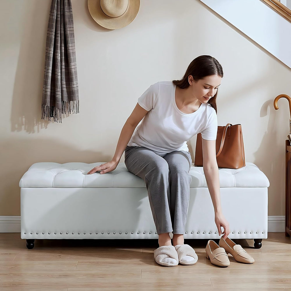 51" Storage Ottoman Bench with Wooden Legs & Soft-Close, White-Gray
