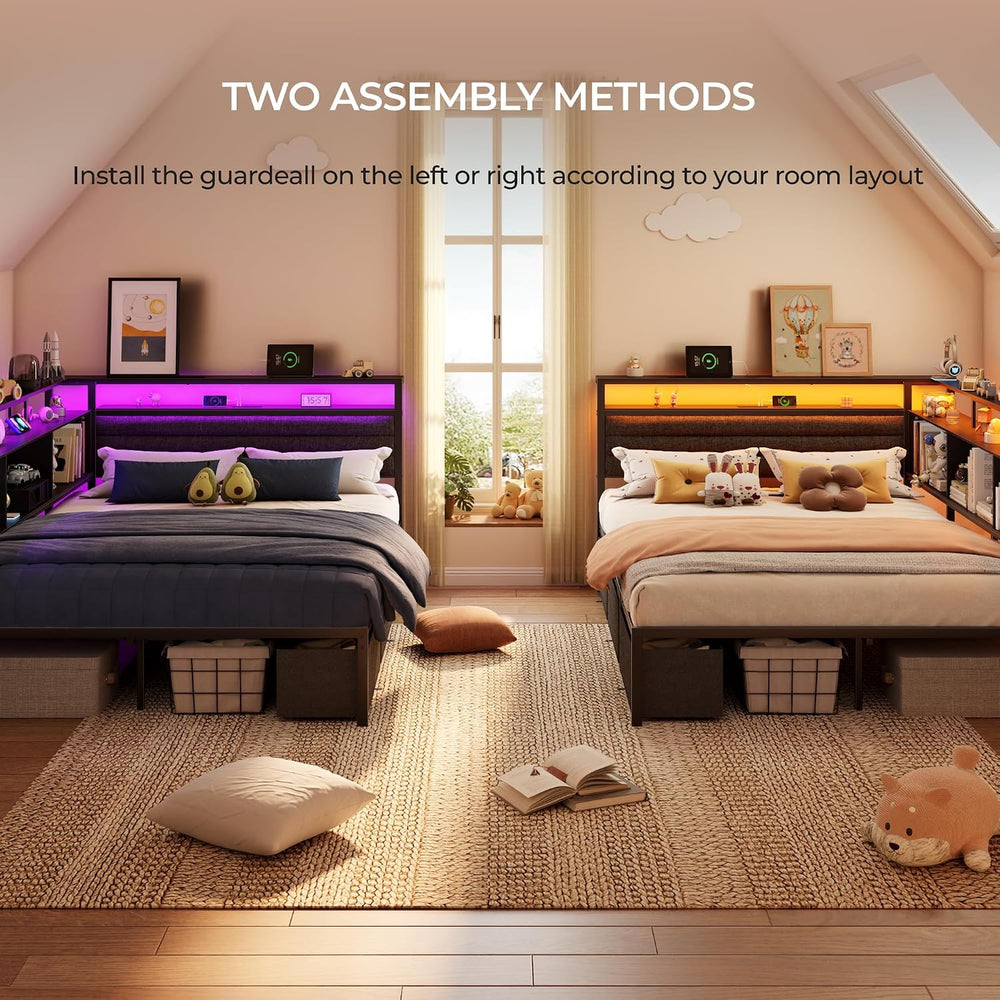 OURPIC Full Corner Bed Frame with 3 Storage Drawers, LED Lights & Charging