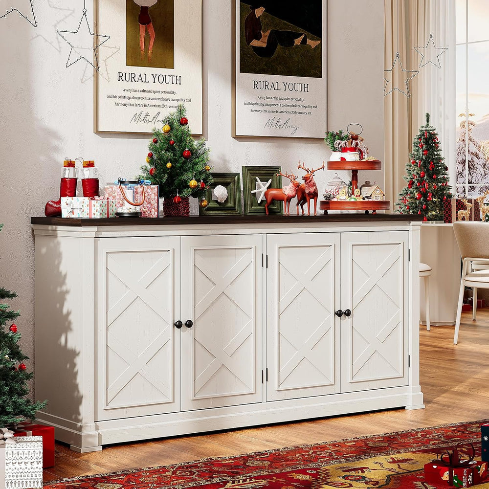 ONBRILL 63 Inch Buffet Cabinet with Storage, 4 Barn Doors, Off White