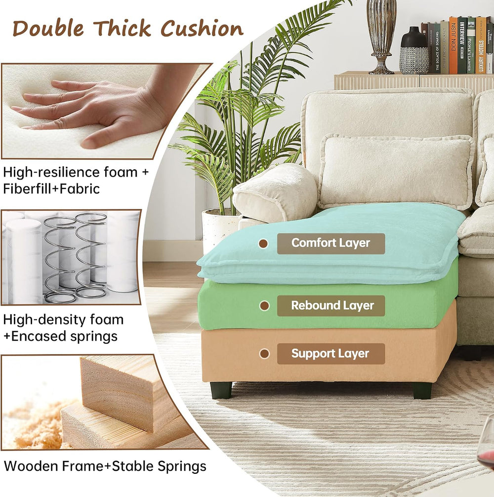 113" U Shaped Sectional Sofa, 4-Seater Cloud Couch, Chenille, Beige