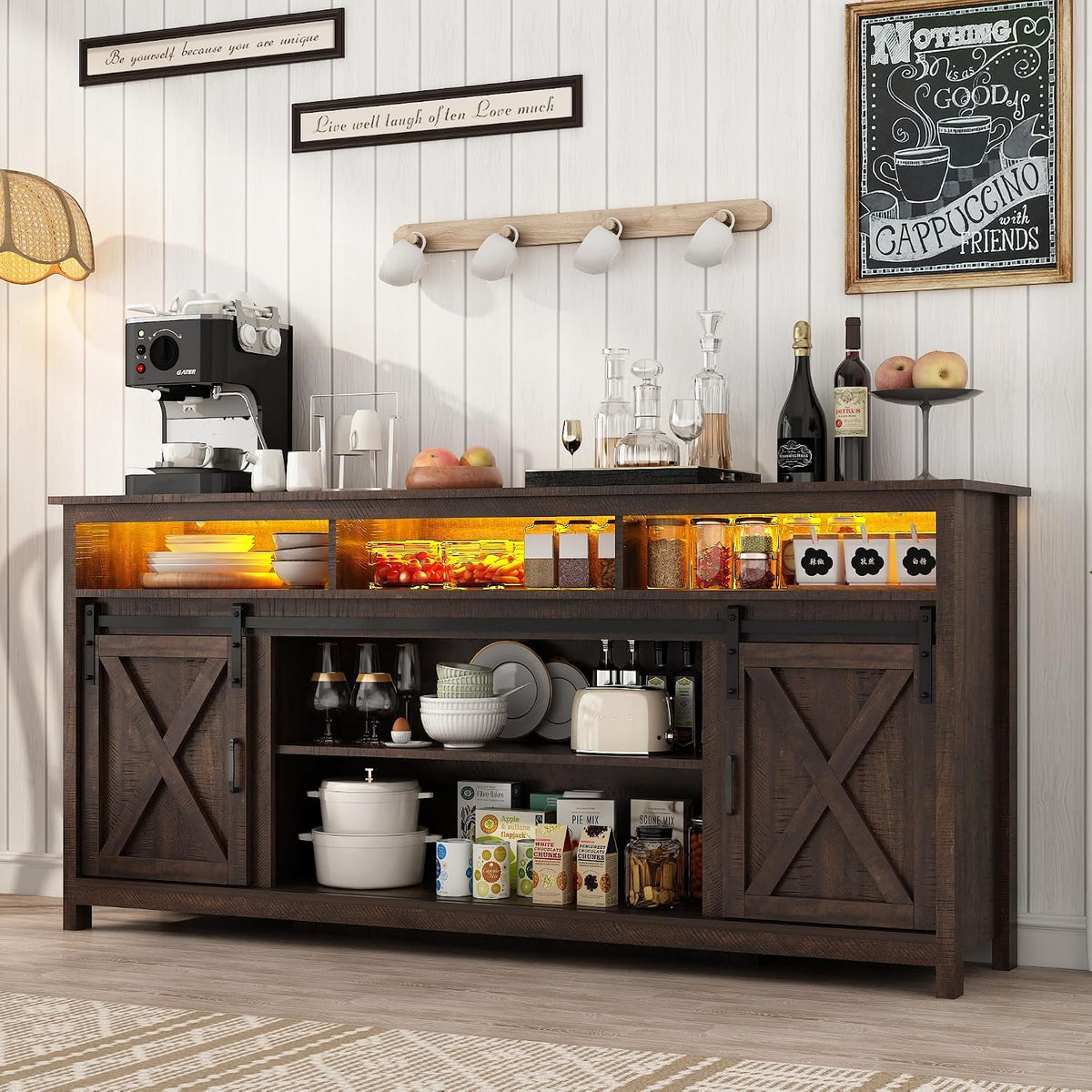 Vinctik 6&Fox 70in Wooden Farmhouse Entertainment Center for 80/75 inch TV,Double Layer Storage Farmhouse TV Stand,Double-Row Sockets with Wood Sliding Barn Door TV Stand(Double Layer Rustic Brown)