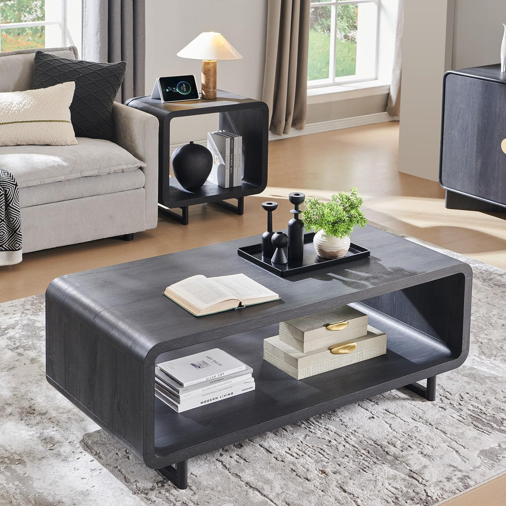 IFGET 48" Modern Coffee Table, 2-Tier Curved Center Table, Dark Grey
