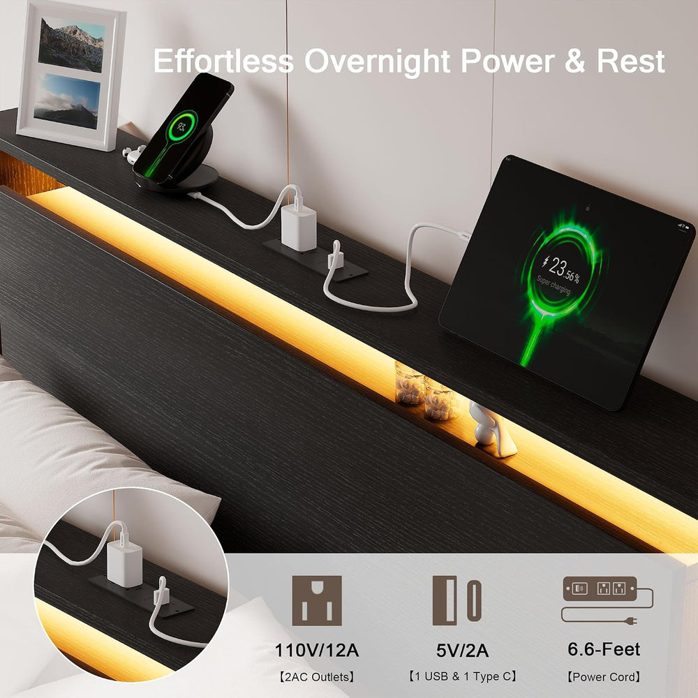 Einhomn King Size Bed Frame with LED Lights & Charging Station – Wood Flo...