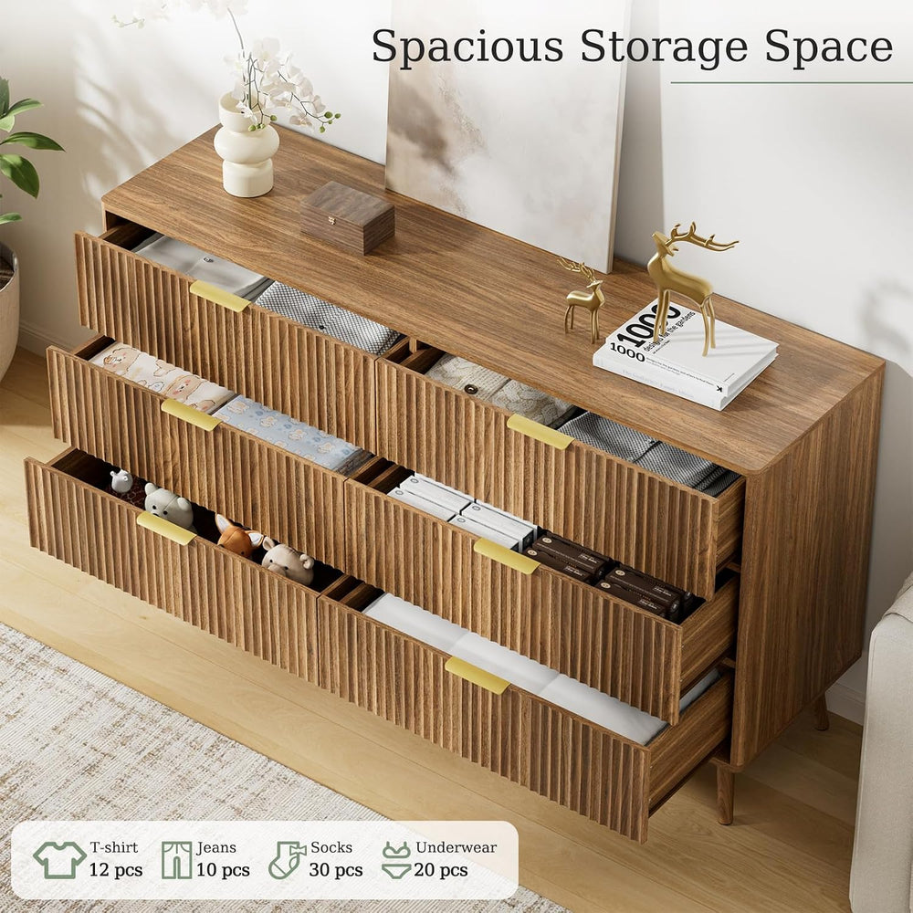 LYNSOM Fluted Dresser and Nightstand Sets 3 Piece, 6-Drawers Dresser and 1-Dr...