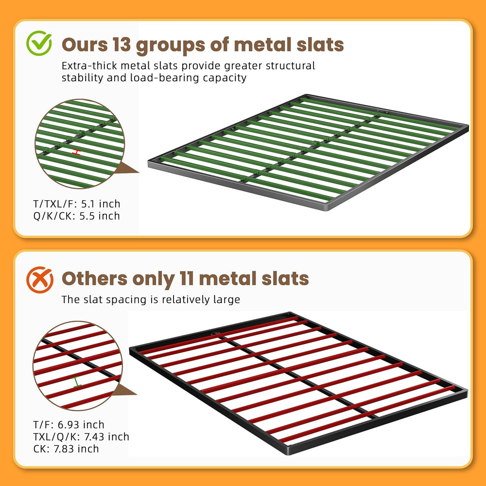 2 Inch Queen Metal Box Spring with Round Corners, Low Profile bed slat