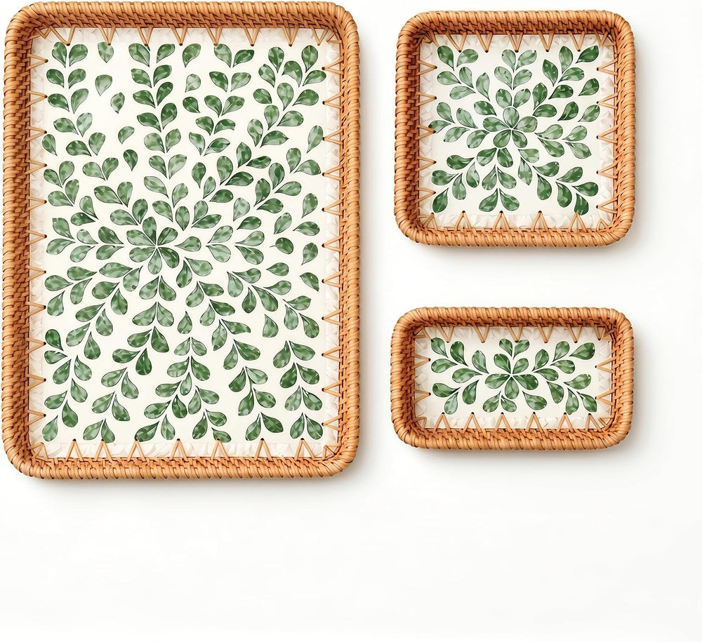 Handwoven Rattan Tray Set with Seashell Detail, Boho Serving Tray