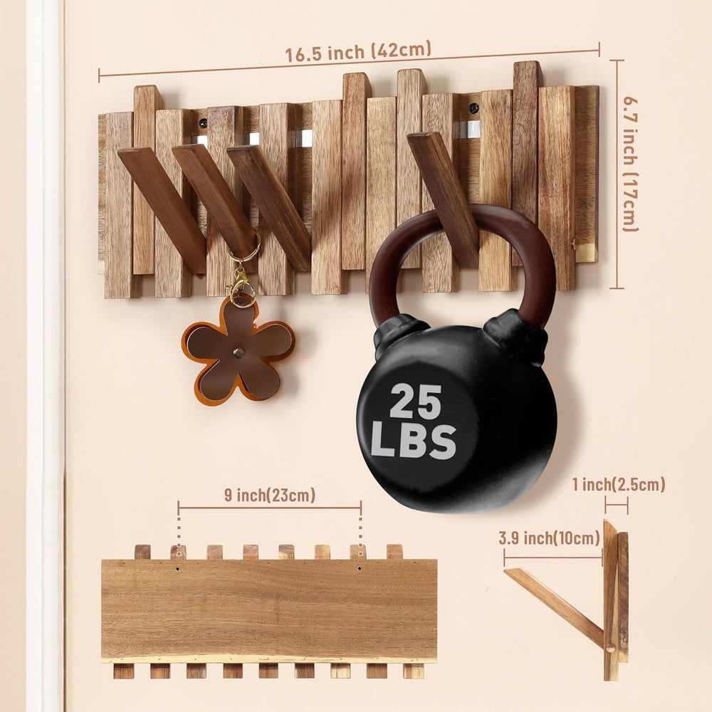 Wall Coat Rack for Entryway: Folding Wood Rustic 8 Hooks