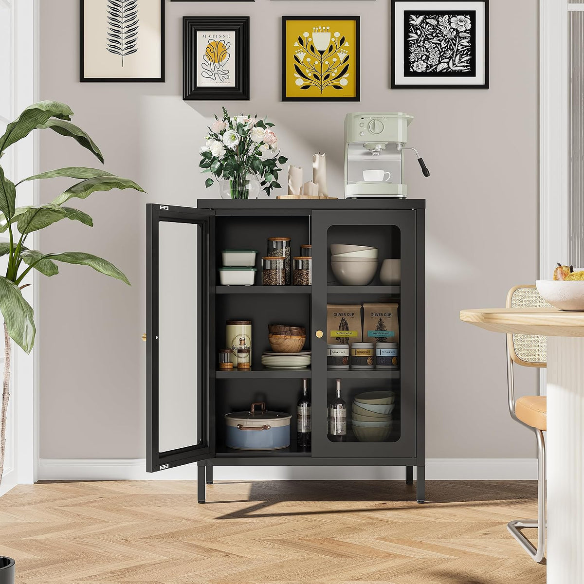 Bevivog Small Display Cabinet with Glass Doors Metal Floor Cabinet