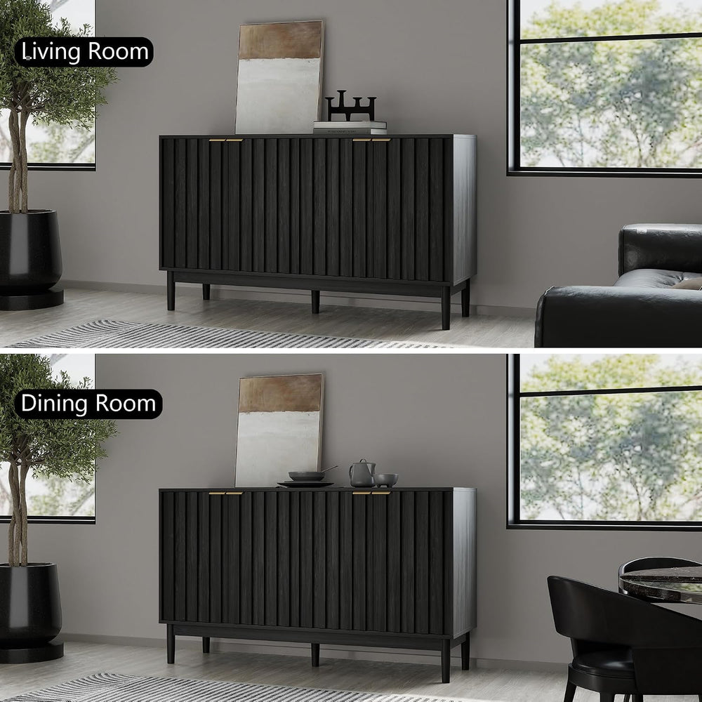 55" Fluted Buffet Cabinet with Storage, Accent Cabinet, Black