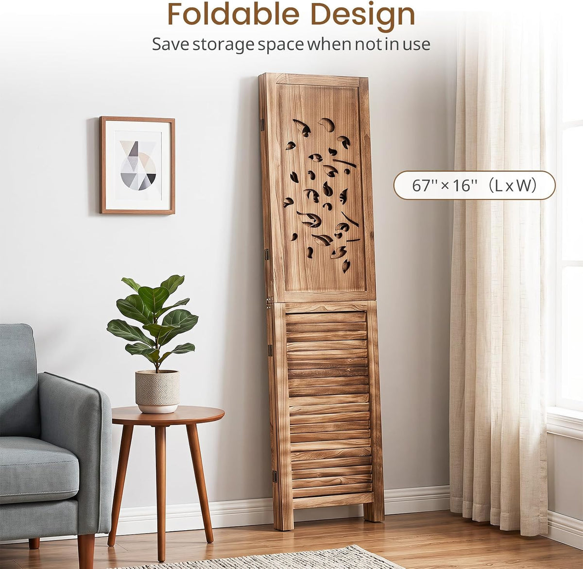 GIANTEX 3 Panel Folding Room Divider with Tree Leaf Cutout & Louvered Slats