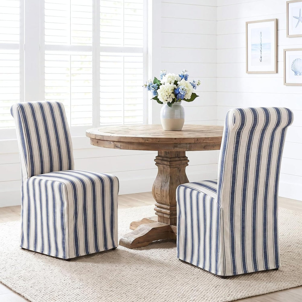 chairus Slipcovered Upholstered Parsons Dining Chairs Set of 2, Blue Stripe