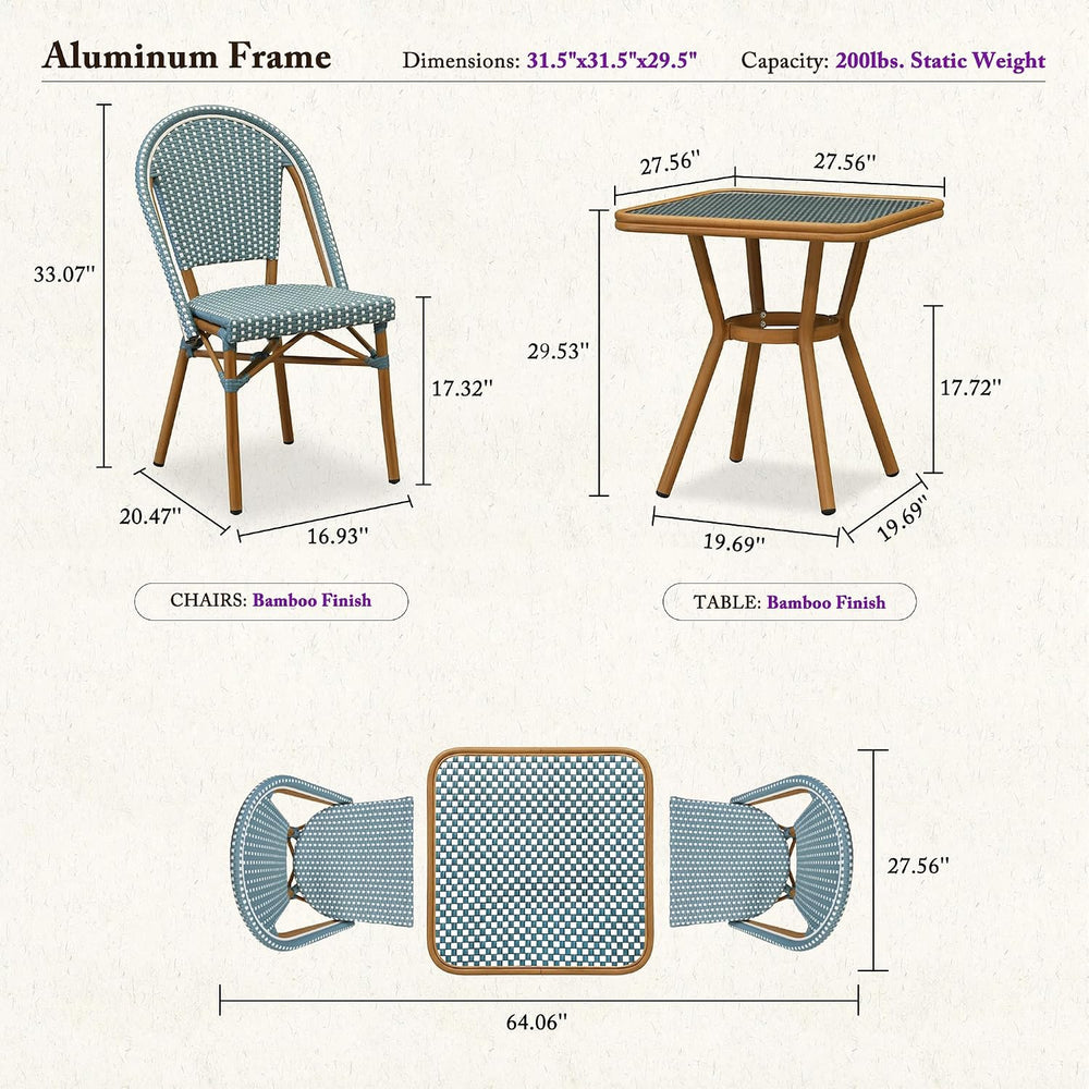 PURPLE LEAF Patio Dining Set 3-Piece Square Table Wood Finish Light Blue
