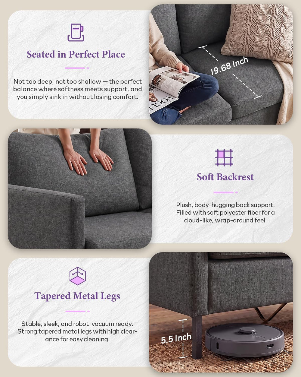 TYBOATLE 51'' Dark Grey Small Couch Loveseat, 2-Seater Linen Sofa