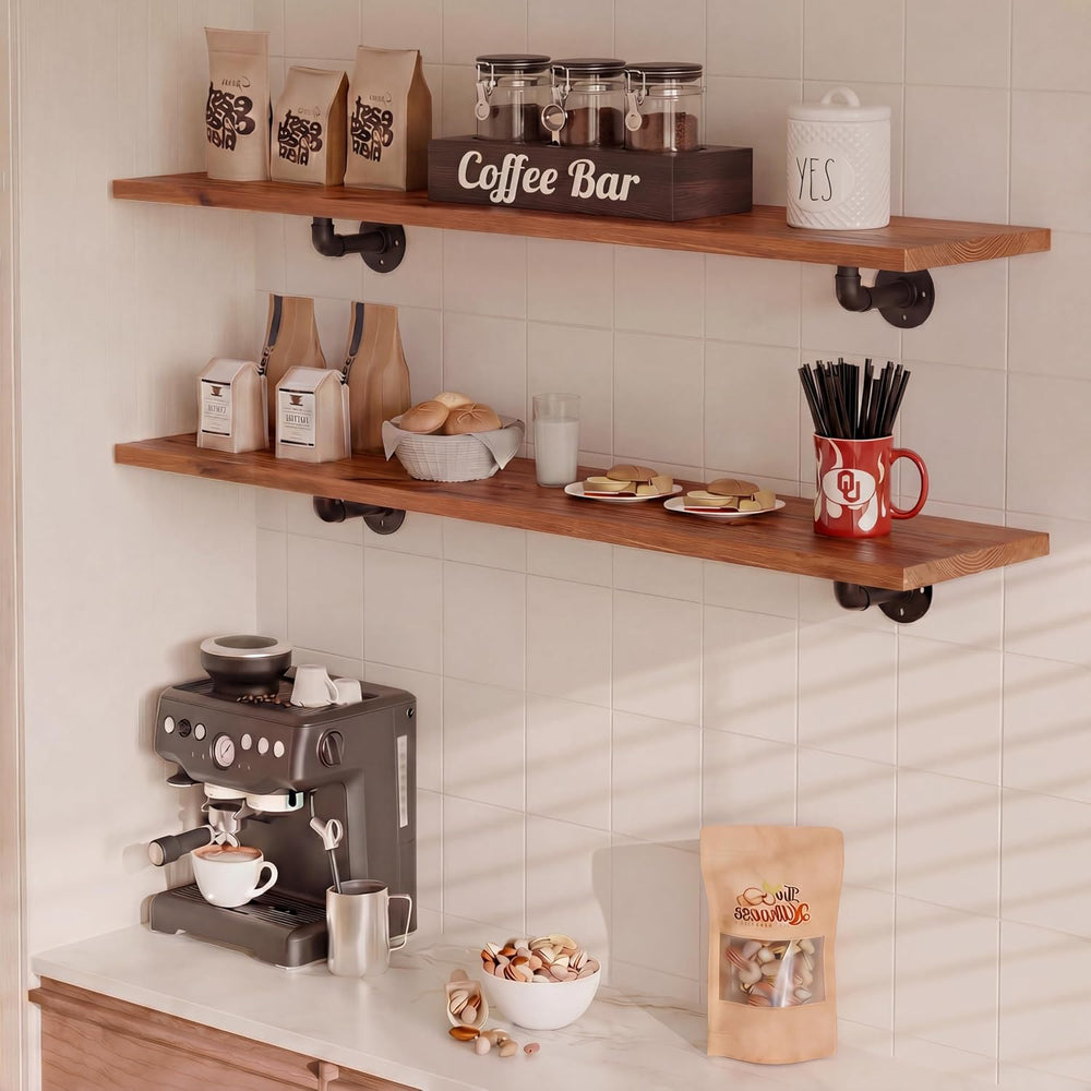 IEO Industrial Pipe Shelving 48 Inch, 2-Tier Walnut Wall Mounted Shelves