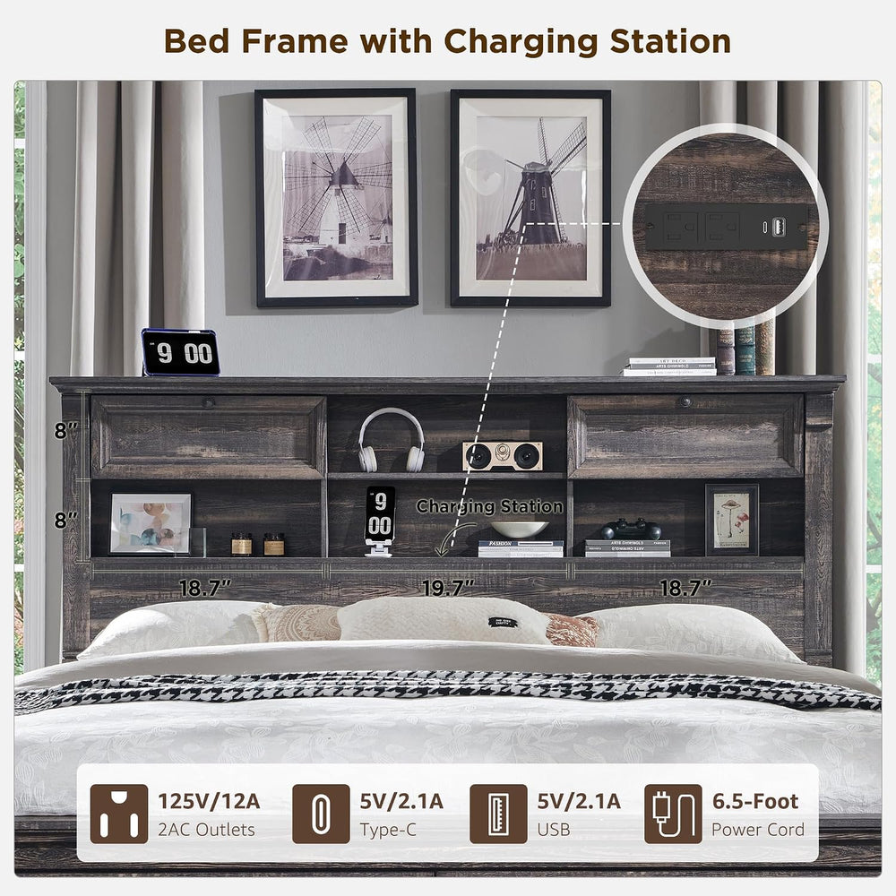 Queen Size Bed Frame with 54" Tall Headboard with 4 Storage Rack, 2 Drawers