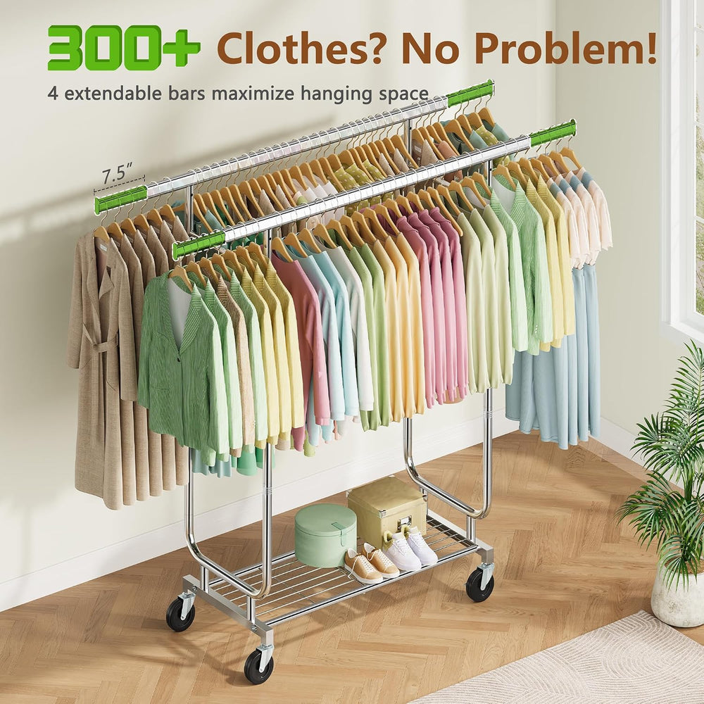 Heavy Duty Rolling Clothes Rack, 620 LBS Load Double Rod Adjustable Garment R...