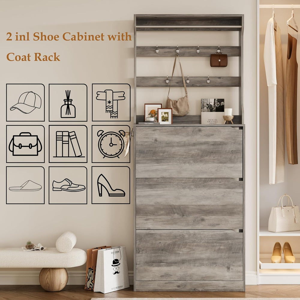 Wodeer Tall Shoe Cabinet with Coat Rack, Hidden Shoe Storage Cabinet with Doo...