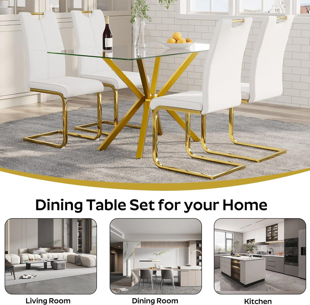 5-Piece 47" Dining Table with 4 PU Leather Chairs, Modern Dining Table Set for 4, Rectangle Kitchen Table with Golden Metal Legs for Dining Room, Kitchen(White)