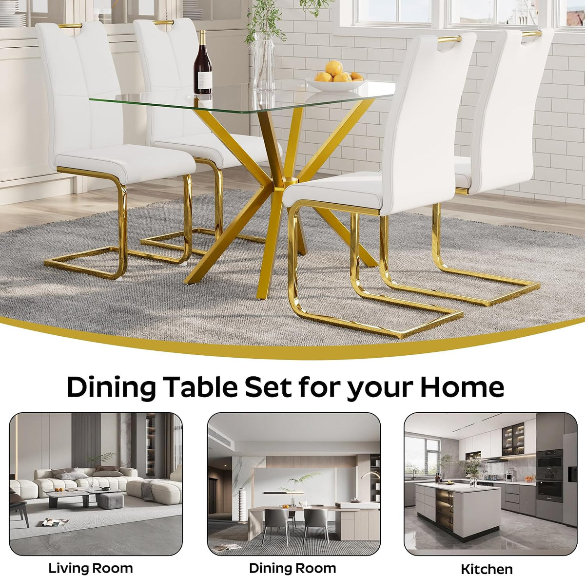 5-Piece 47" Dining Table with 4 PU Leather Chairs, Modern Dining Table Set for 4, Rectangle Kitchen Table with Golden Metal Legs for Dining Room, Kitchen(White)