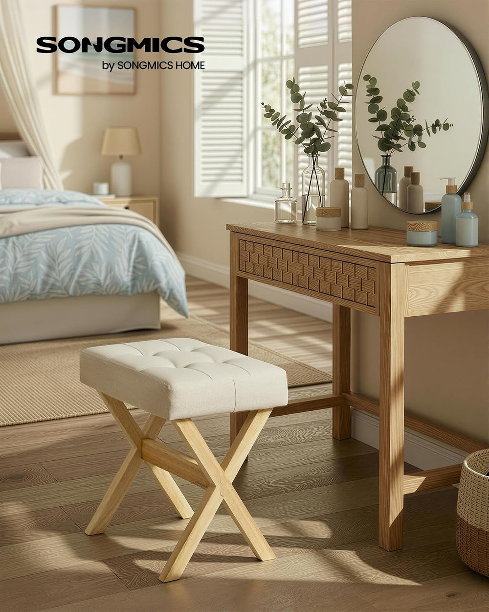SONGMICS Makeup Stool, Padded Vanity Foot Rest, Solid Wood X Legs