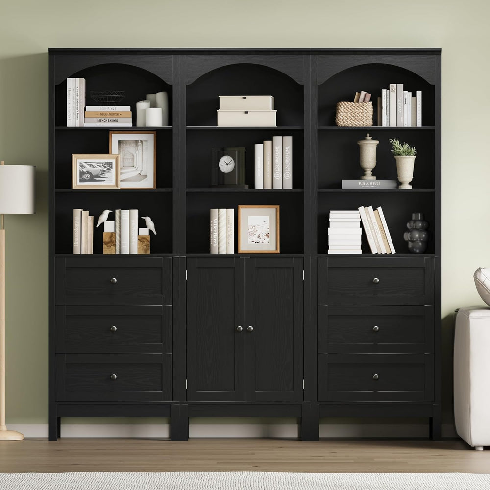 Arched Bookshelf,3 Tier Tall Bookcase with Adjustable Shelves and Cabinet