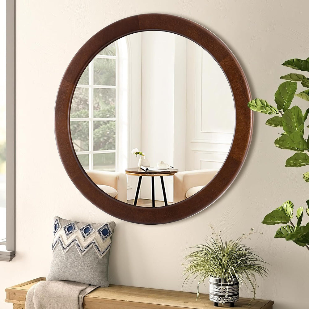 CULER Round Wood Mirror 24 Inch,Circle Mirror with Walnut Frame for Wall