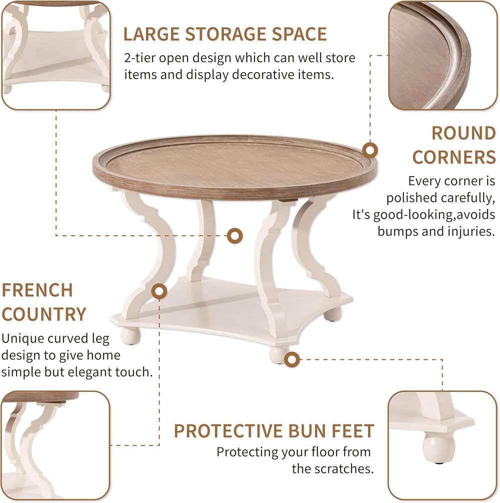 Round Farmhouse Coffee Table with Tray Top, Handmade Finish, White