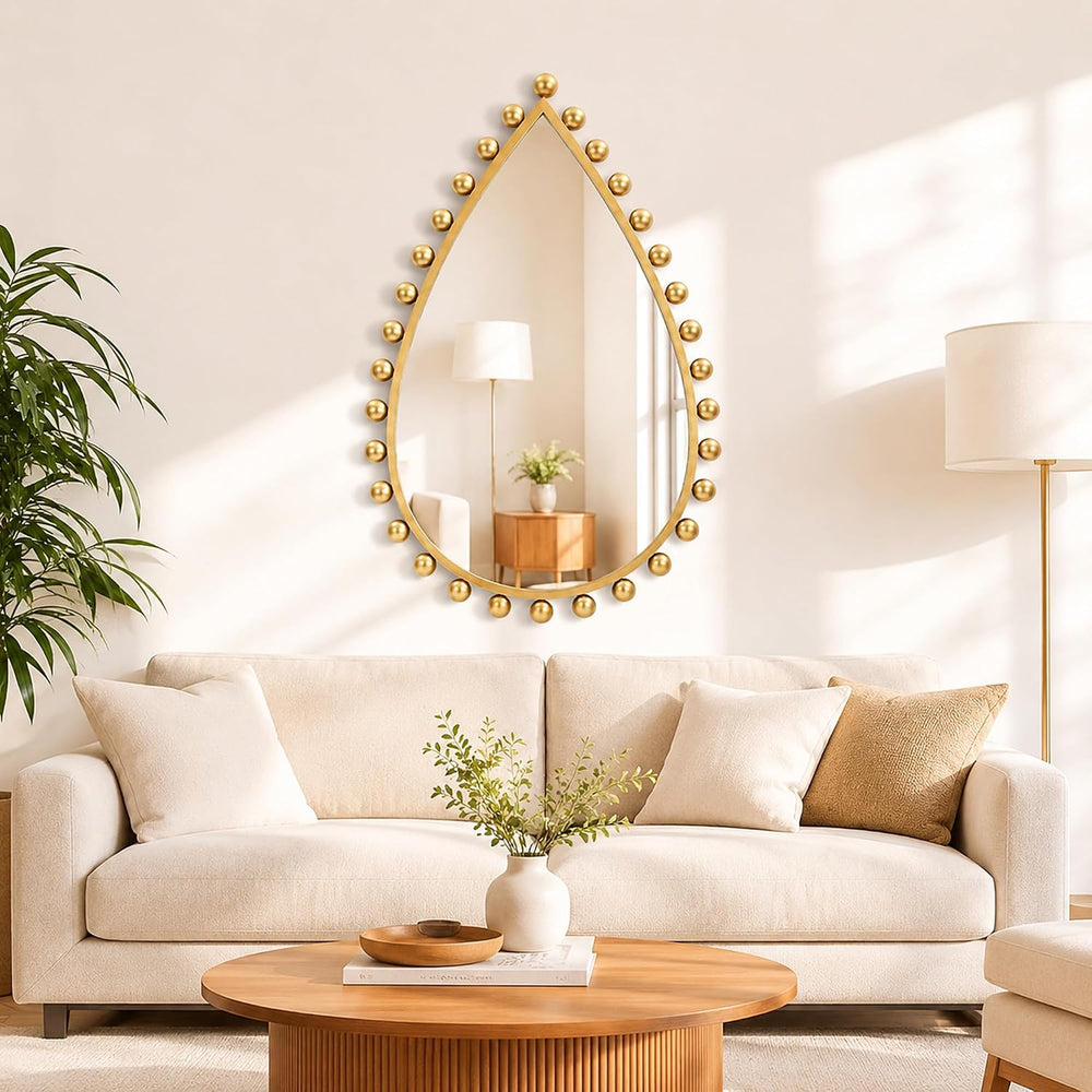 24x36 inch Teardrop Wall Mirror, Antique Gold Beaded Ball Frame