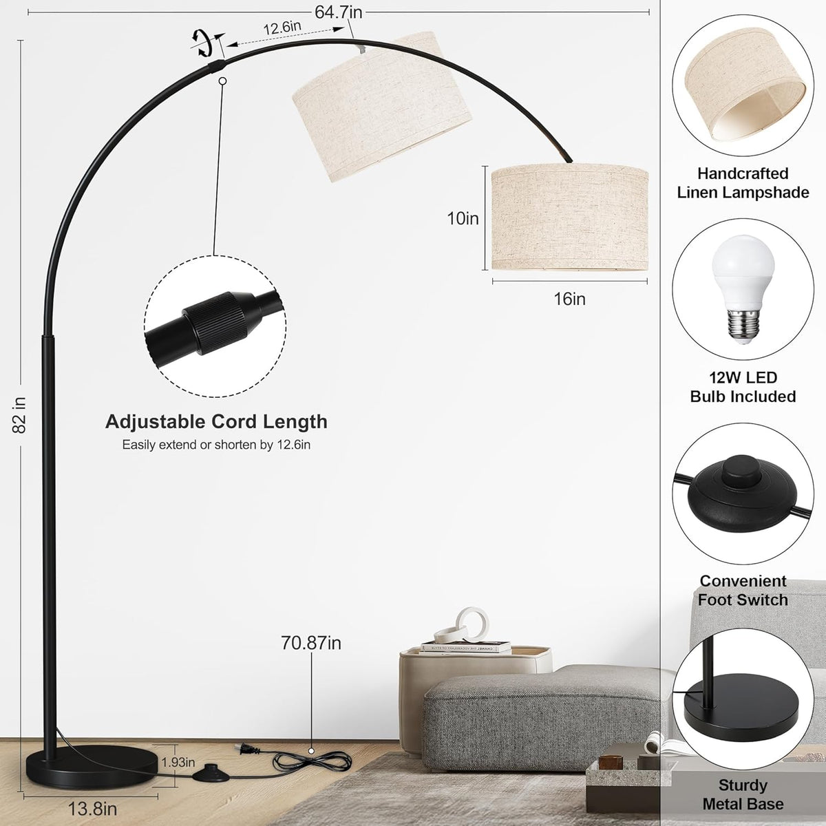 SUNMORY 82" Tall Arc Floor Lamp for Living Room, Large Standing Arched Lamp